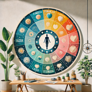 A imagem representa a Roda da Vida, com um círculo dividido em 8 a 12 segmentos coloridos, cada um simbolizando uma área da vida, como saúde, finanças, carreira, relacionamentos, lazer, desenvolvimento pessoal e espiritualidade. As divisões apresentam cores vibrantes e distintas para facilitar a visualização e o entendimento das categorias. 1 A imagem representa a Roda da Vida, com um círculo dividido em 8 a 12 segmentos coloridos, cada um simbolizando uma área da vida, como saúde, finanças, carreira, relacionamentos, lazer, desenvolvimento pessoal e espiritualidade. As divisões apresentam cores vibrantes e distintas para facilitar a visualização e o entendimento das categorias.
